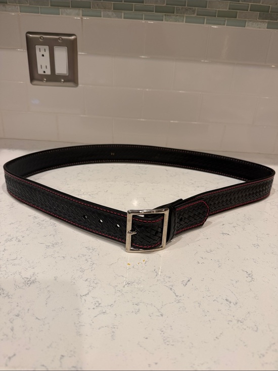 Hand Crafted Other - Local Artisan Made Hand Embossed Leather Biker Belt with Red Contrast Stitching